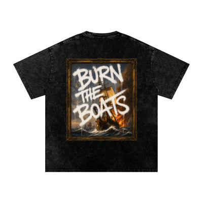 Graffiti "Burn The Boats" Snow Washed Oversized Cotton T-Shirt