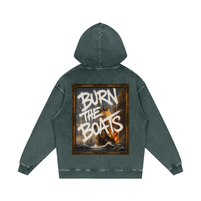 Graffiti "Burn The Boats" Snow Washed Loose Cotton Hoodie