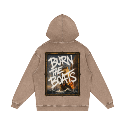 Graffiti "Burn The Boats" Snow Washed Loose Cotton Hoodie