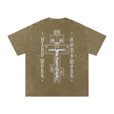 Cross Hard Work Gods Work Snow Washed Oversized Cotton T-Shirt