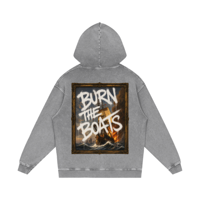 Graffiti "Burn The Boats" Snow Washed Loose Cotton Hoodie