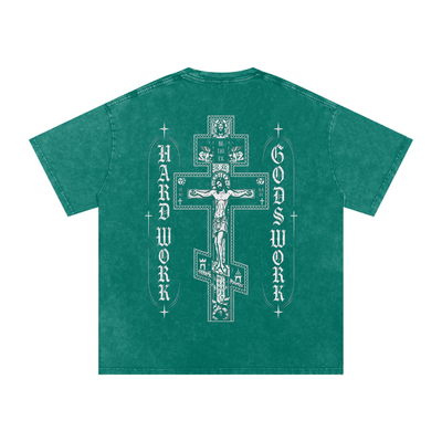 Cross Hard Work Gods Work Snow Washed Oversized Cotton T-Shirt