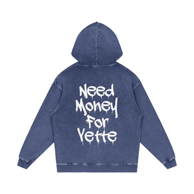 "Need Money For Vette" Snow Washed Loose Cotton Hoodie