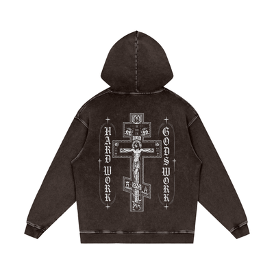 Cross Hard Work Gods Work Snow Washed Loose Cotton Hoodie