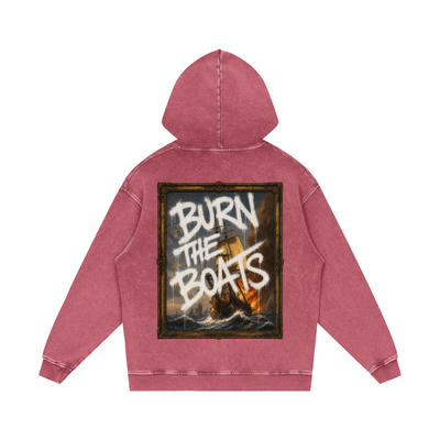 Graffiti "Burn The Boats" Snow Washed Loose Cotton Hoodie