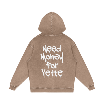 "Need Money For Vette" Snow Washed Loose Cotton Hoodie