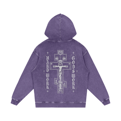 Cross Hard Work Gods Work Snow Washed Loose Cotton Hoodie