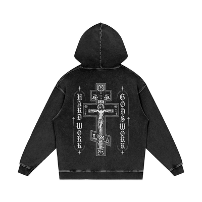 Cross Hard Work Gods Work Snow Washed Loose Cotton Hoodie