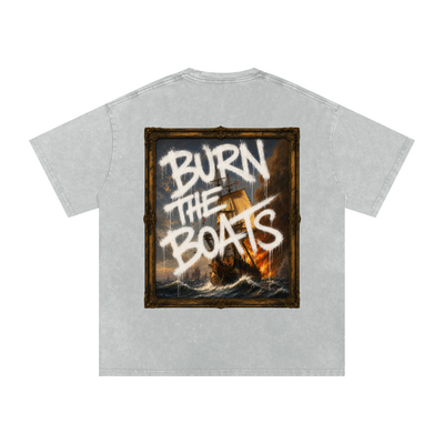 Graffiti "Burn The Boats" Snow Washed Oversized Cotton T-Shirt