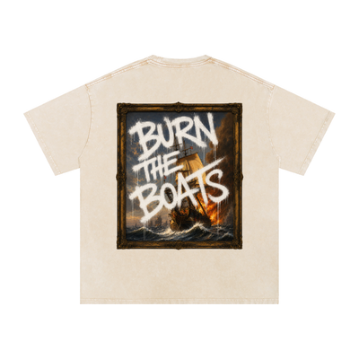 Graffiti "Burn The Boats" Snow Washed Oversized Cotton T-Shirt