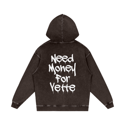 "Need Money For Vette" Snow Washed Loose Cotton Hoodie