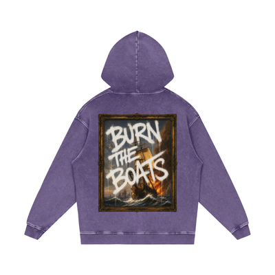 Graffiti "Burn The Boats" Snow Washed Loose Cotton Hoodie