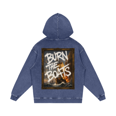 Graffiti "Burn The Boats" Snow Washed Loose Cotton Hoodie