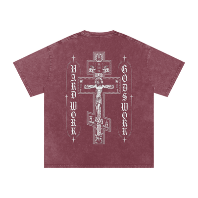Cross Hard Work Gods Work Snow Washed Oversized Cotton T-Shirt