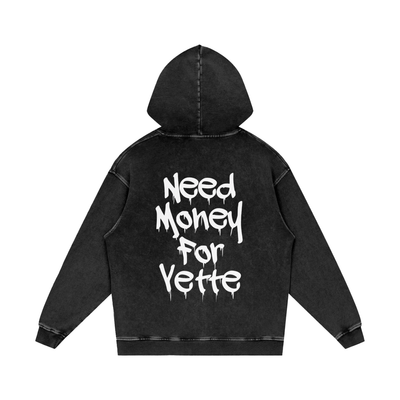 "Need Money For Vette" Snow Washed Loose Cotton Hoodie