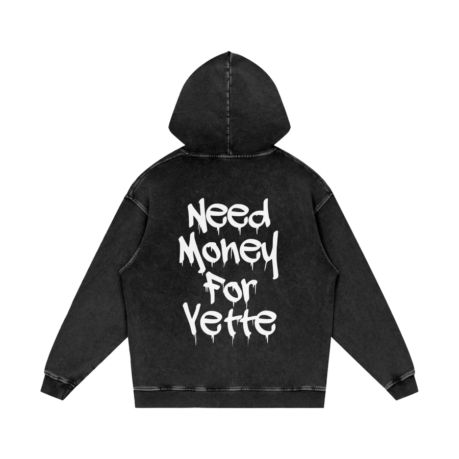 "Need Money For Vette" Snow Washed Loose Cotton Hoodie