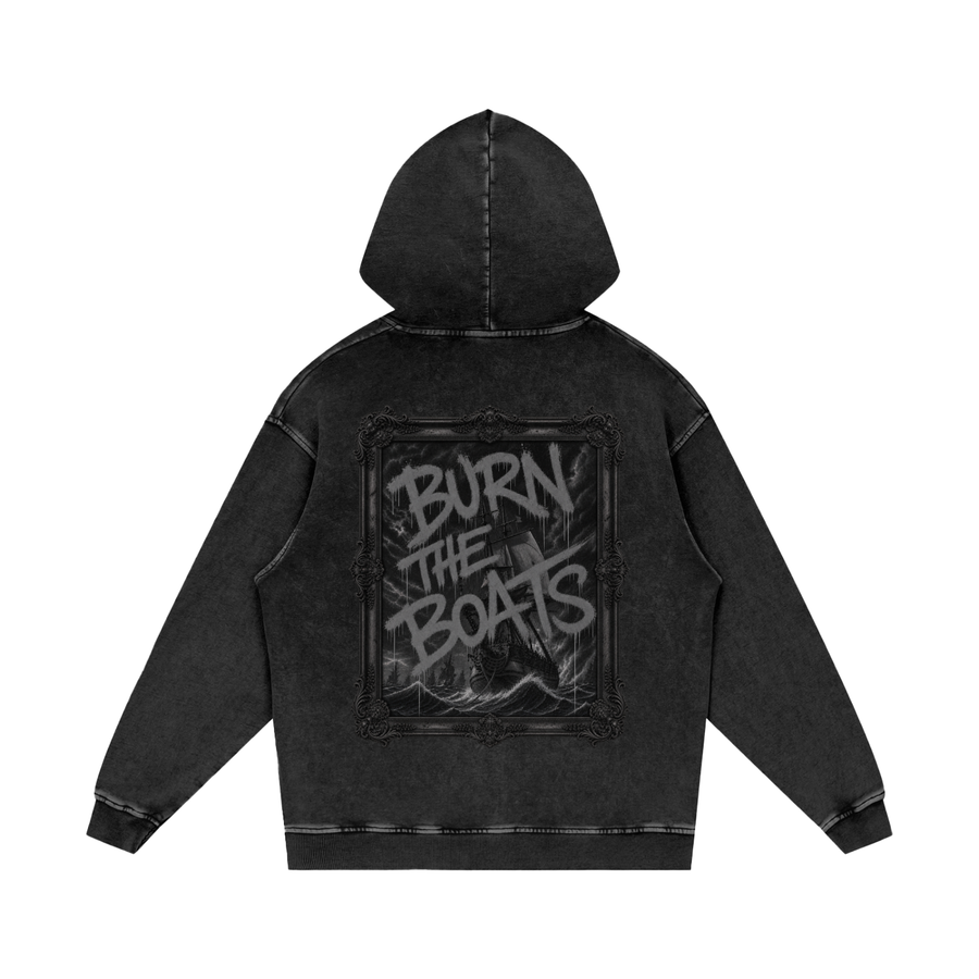 Blackout Burn The Boats Snow Washed Loose Cotton Hoodie