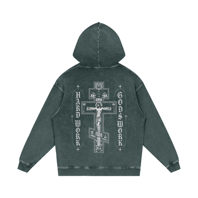 Cross Hard Work Gods Work Snow Washed Loose Cotton Hoodie