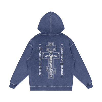 Cross Hard Work Gods Work Snow Washed Loose Cotton Hoodie