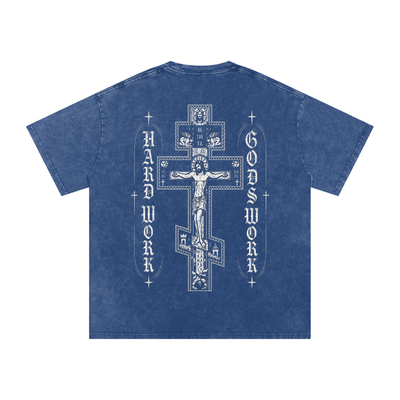 Cross Hard Work Gods Work Snow Washed Oversized Cotton T-Shirt