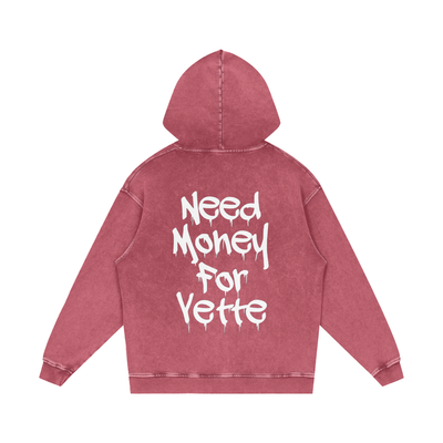 "Need Money For Vette" Snow Washed Loose Cotton Hoodie
