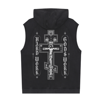 Cross Hard Work Gods Work Snow Washed Sleeveless Hoodie