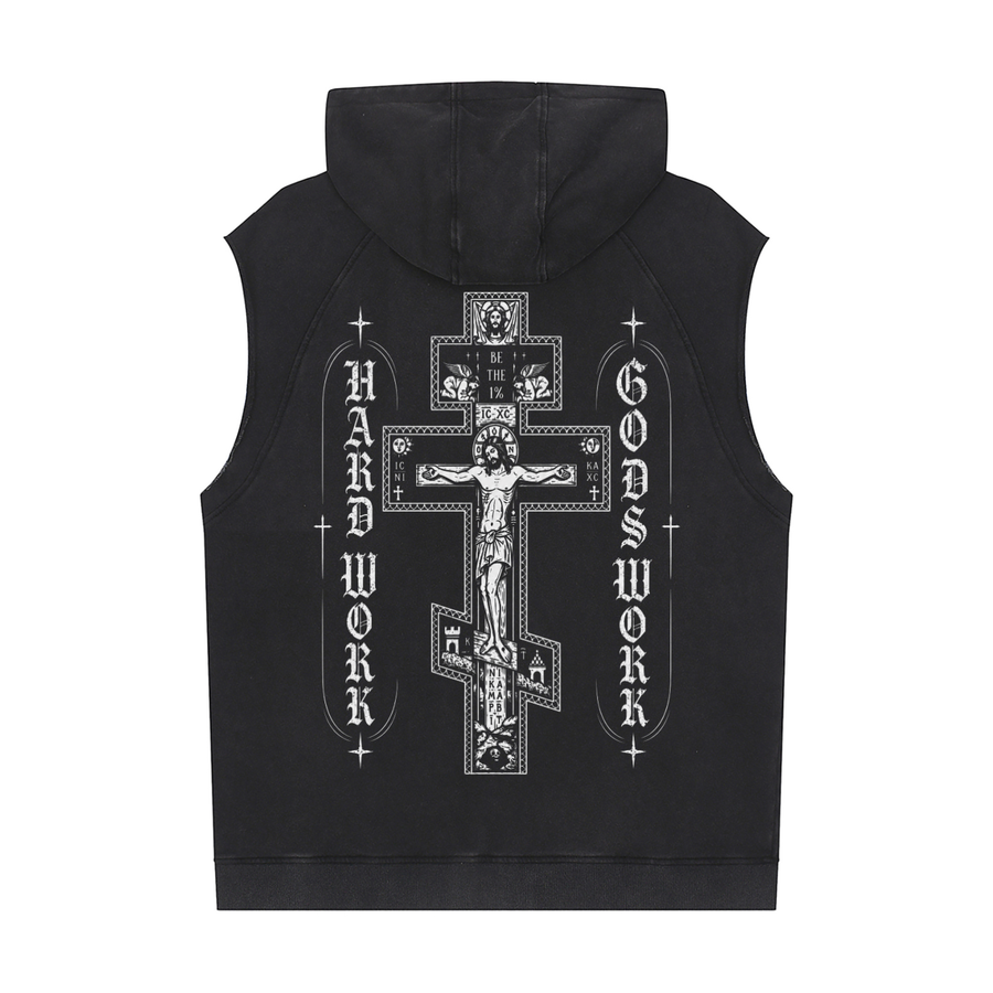 Cross Hard Work Gods Work Snow Washed Sleeveless Hoodie